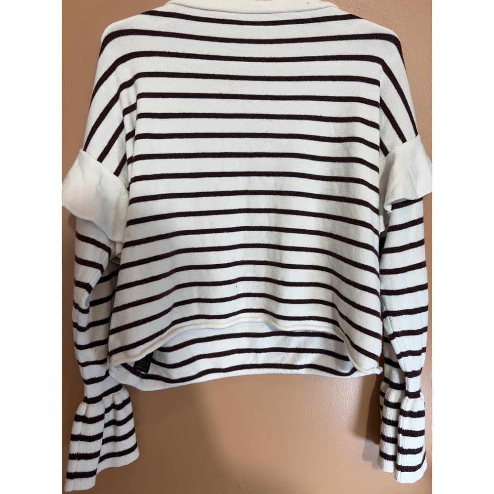 Zara Knit Striped Ruffle Shoulder Bell Sleeve Sweater Cream Brown Womens Medium - Picture 3 of 4